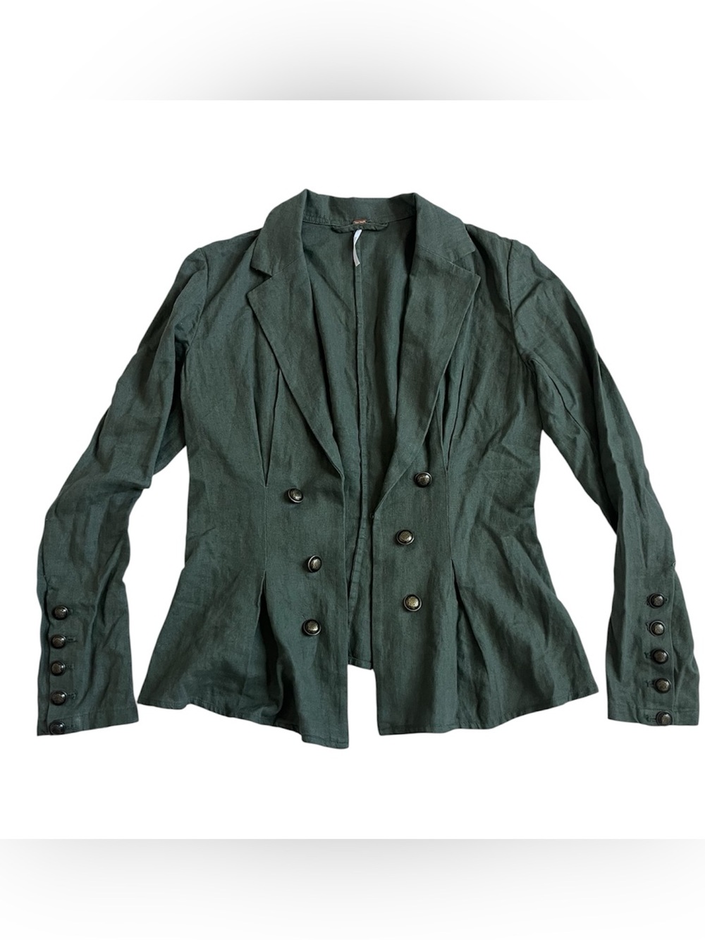 Free People Dark Green Double-Breasted Tailored Linen Blazer